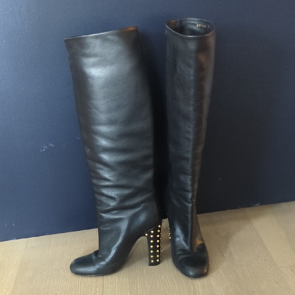 Gucci, Knee High Black Boots With Gold Stud Embellishments On Heel